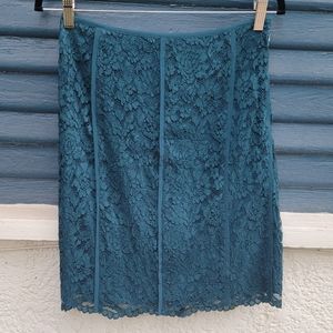 TORY BURCH teal lace pencil skirt.